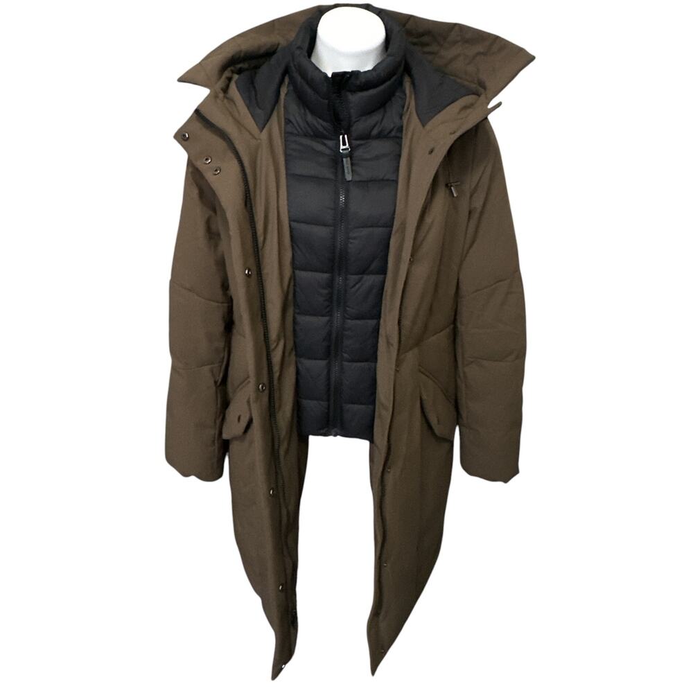 Cole Haan Signature Insulated Parka Women L Brown Winter Coat Hooded Bib Insert - Picture 4 of 9